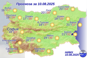 Слънчева и гореща неделя с температури до 39 градуса